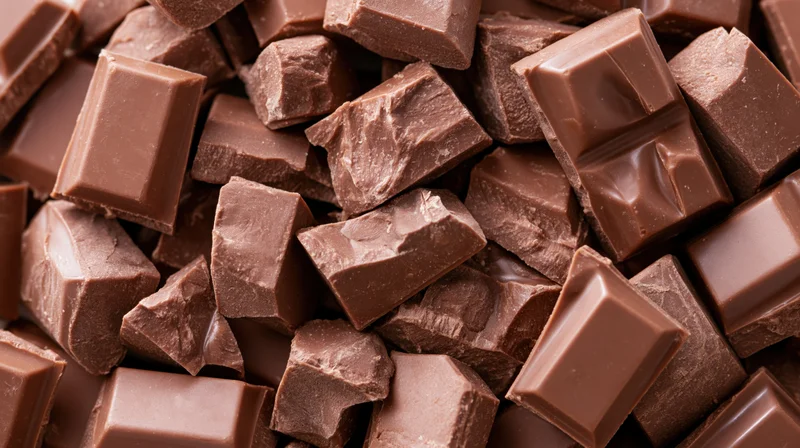 Broken milk chocolate pieces piled together filling the frame