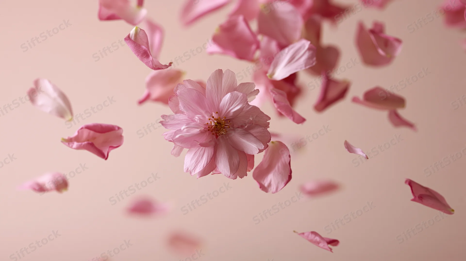 Cherry blossom and petals floating mid-air against a soft pink background
