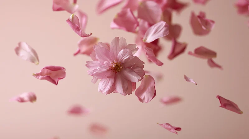 Cherry blossom and petals floating mid-air against a soft pink background