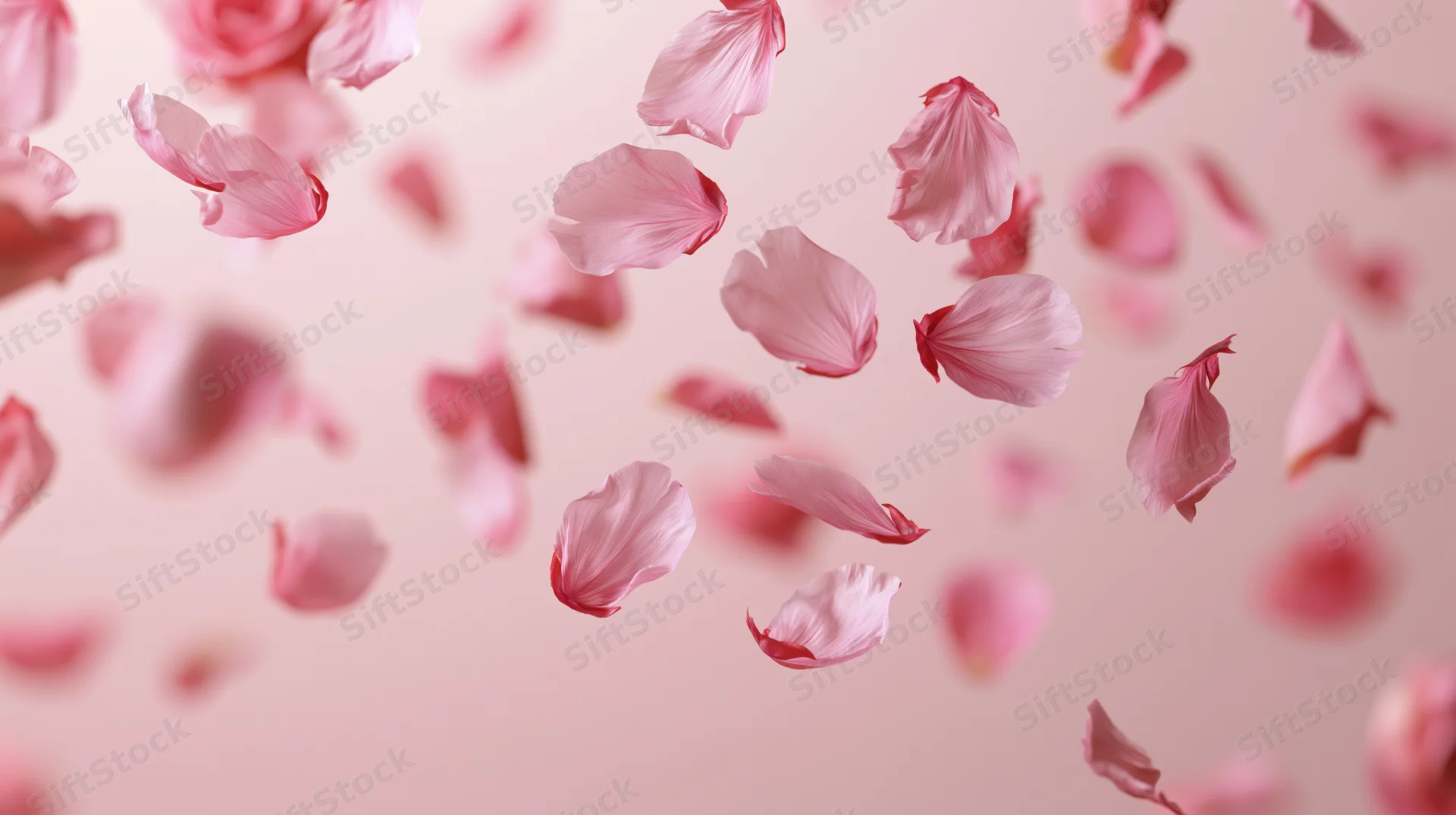 Pink cherry blossom and rose petals floating mid-air against a soft pastel background