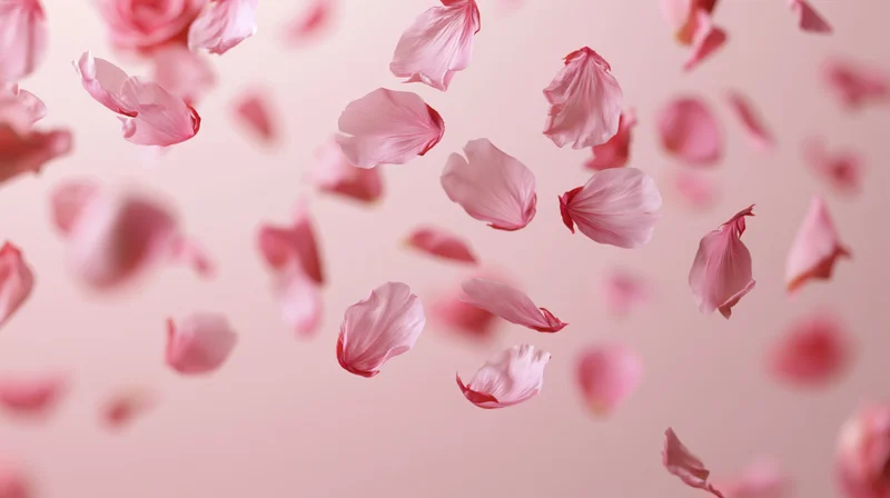 Pink cherry blossom and rose petals floating mid-air against a soft pastel background