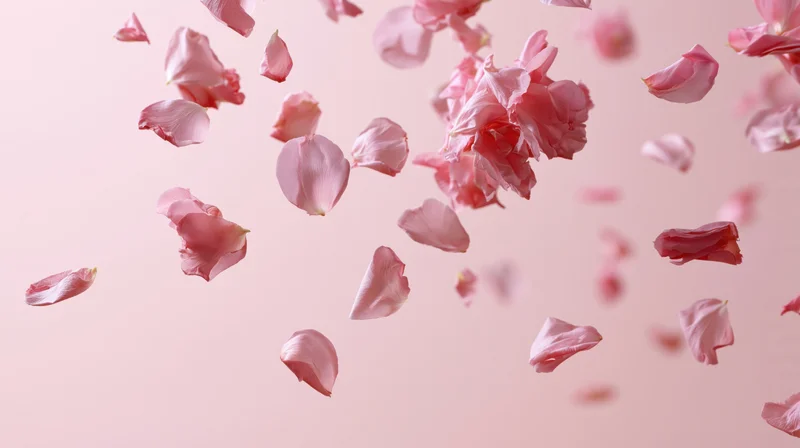 Pink flower petals floating midair against a soft pastel background