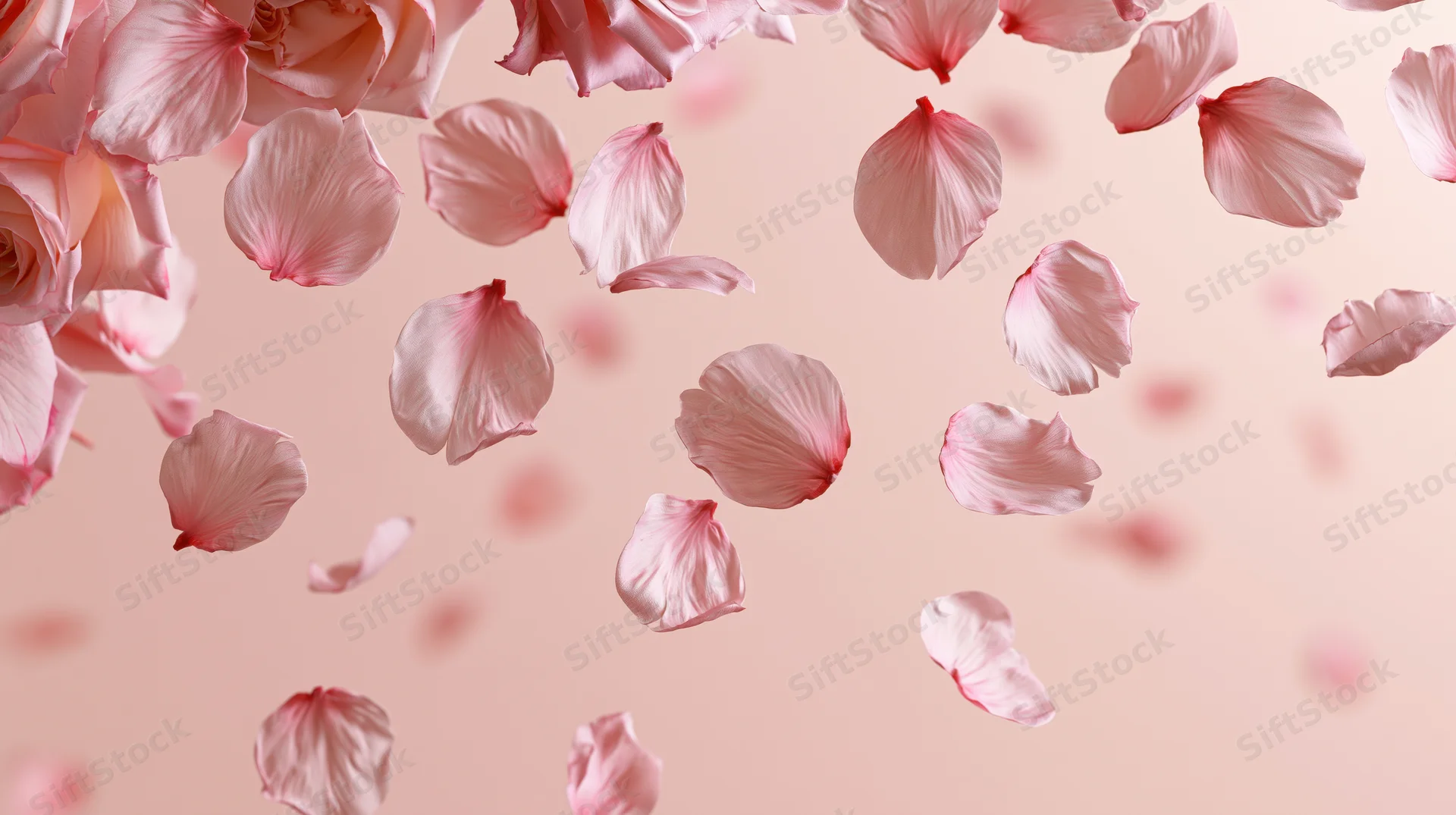 Pink cherry blossom and rose petals floating midair against a soft peach background