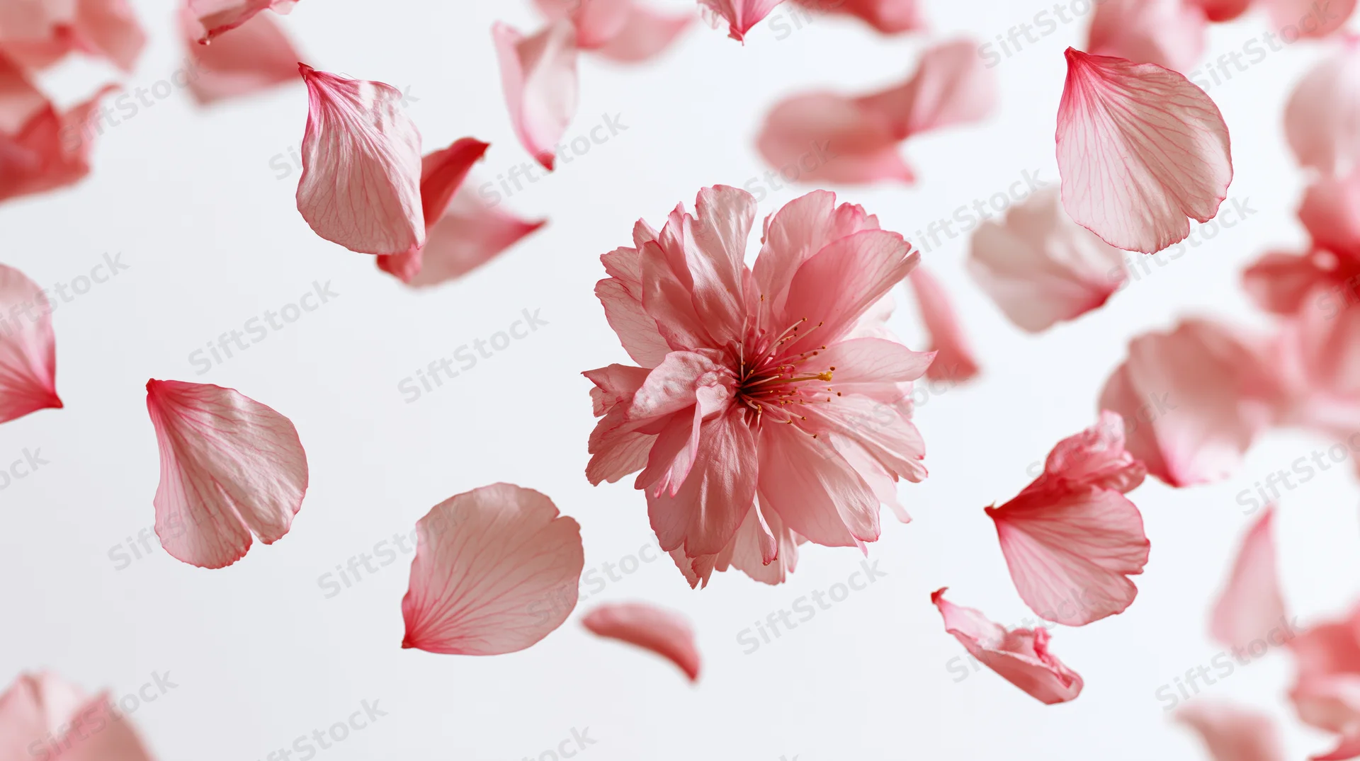 Cherry blossom and rose petals floating mid-air against a white background
