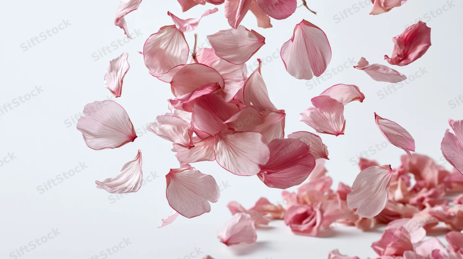 Pink flower petals floating midair against white background with some resting below