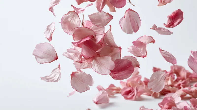 Pink flower petals floating midair against white background with some resting below