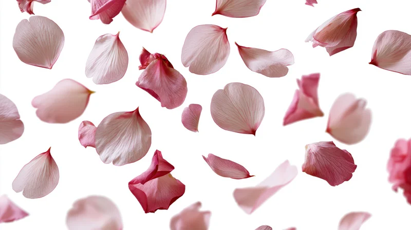 Pink rose and cherry blossom petals floating midair against white background