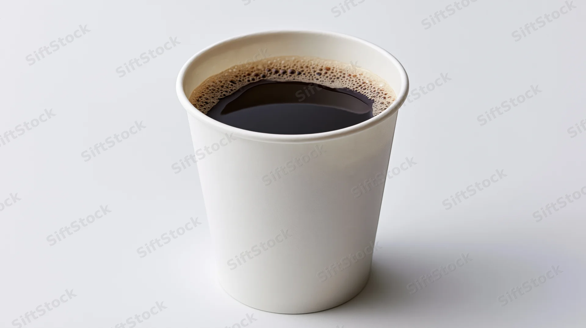 White disposable paper cup filled with black coffee on plain white surface