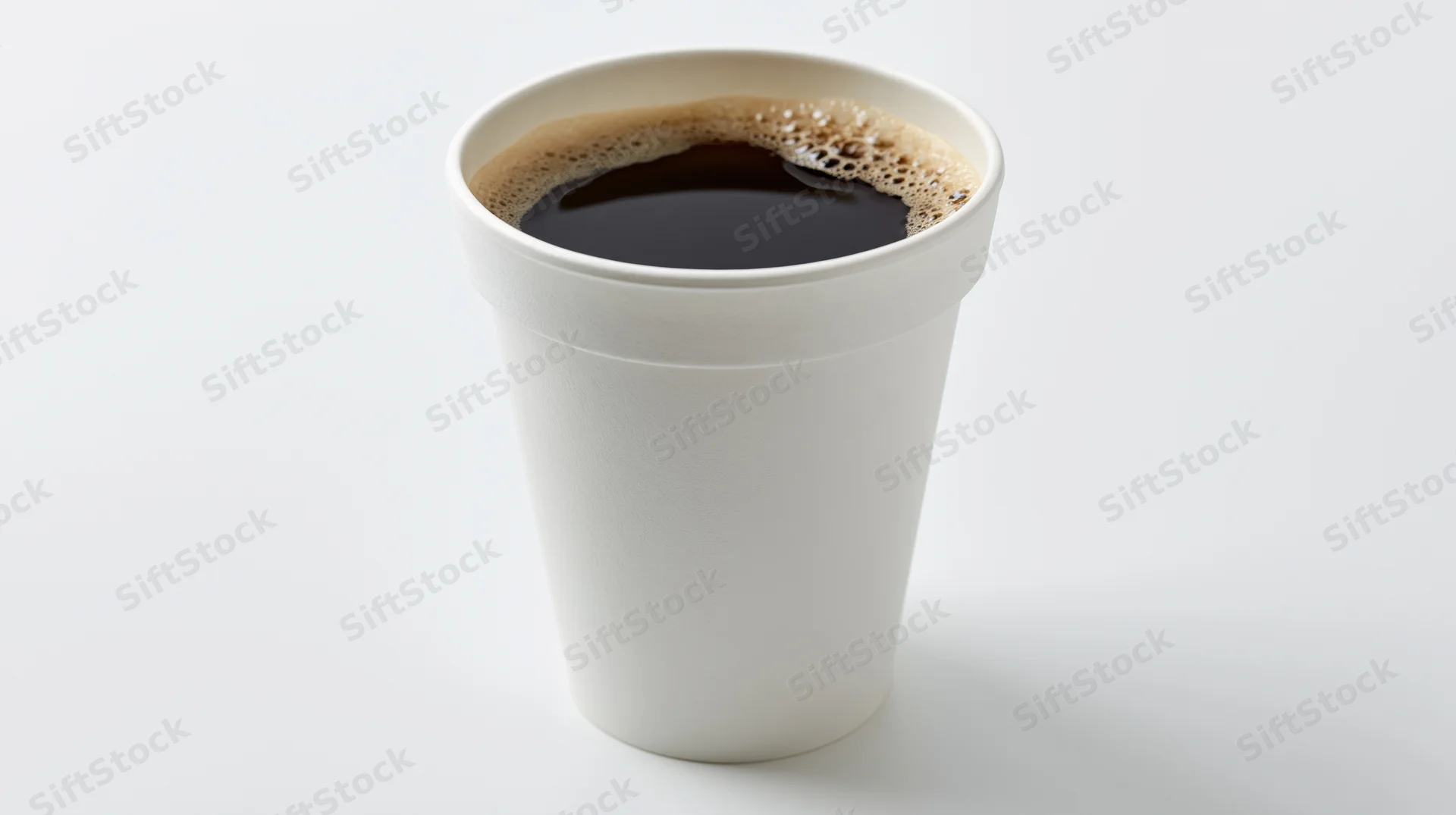 White disposable paper cup filled with black coffee on plain white surface