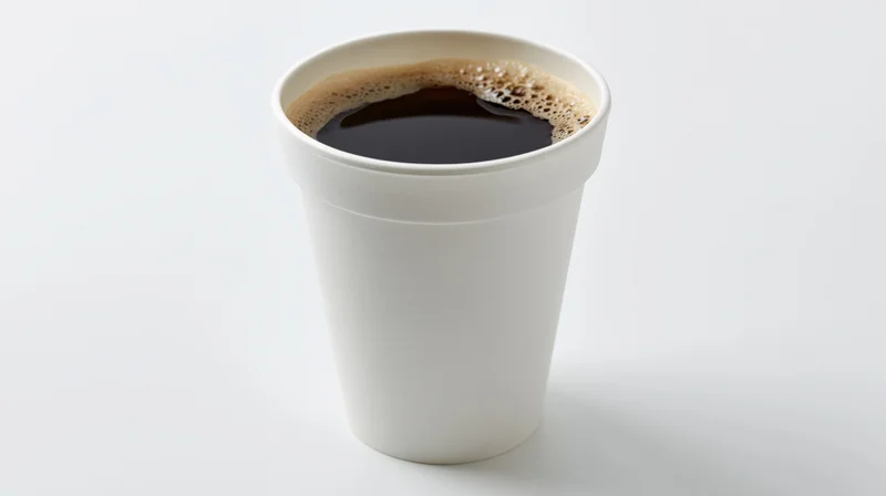 White disposable paper cup filled with black coffee on plain white surface