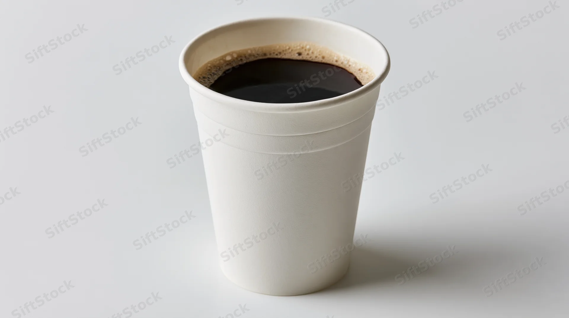 White disposable paper cup filled with black coffee on plain white surface