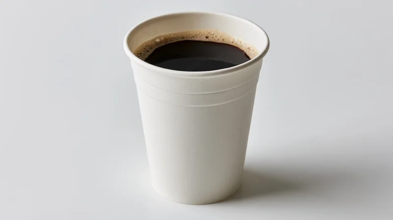 White disposable paper cup filled with black coffee on plain white surface