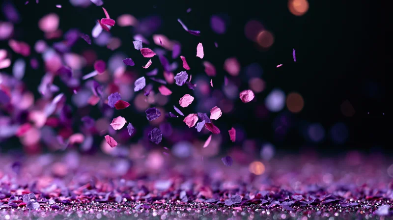Purple and pink confetti pieces falling and scattering mid-air over a glittery surface with bokeh lights in the background