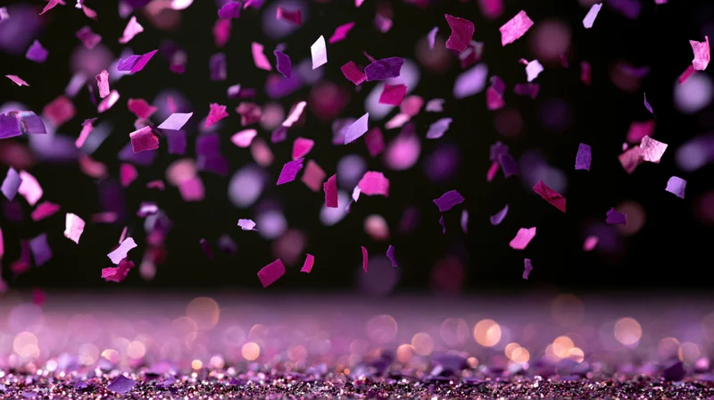 Purple and pink confetti falling and scattering midair over a glittering surface with bokeh lights in the background