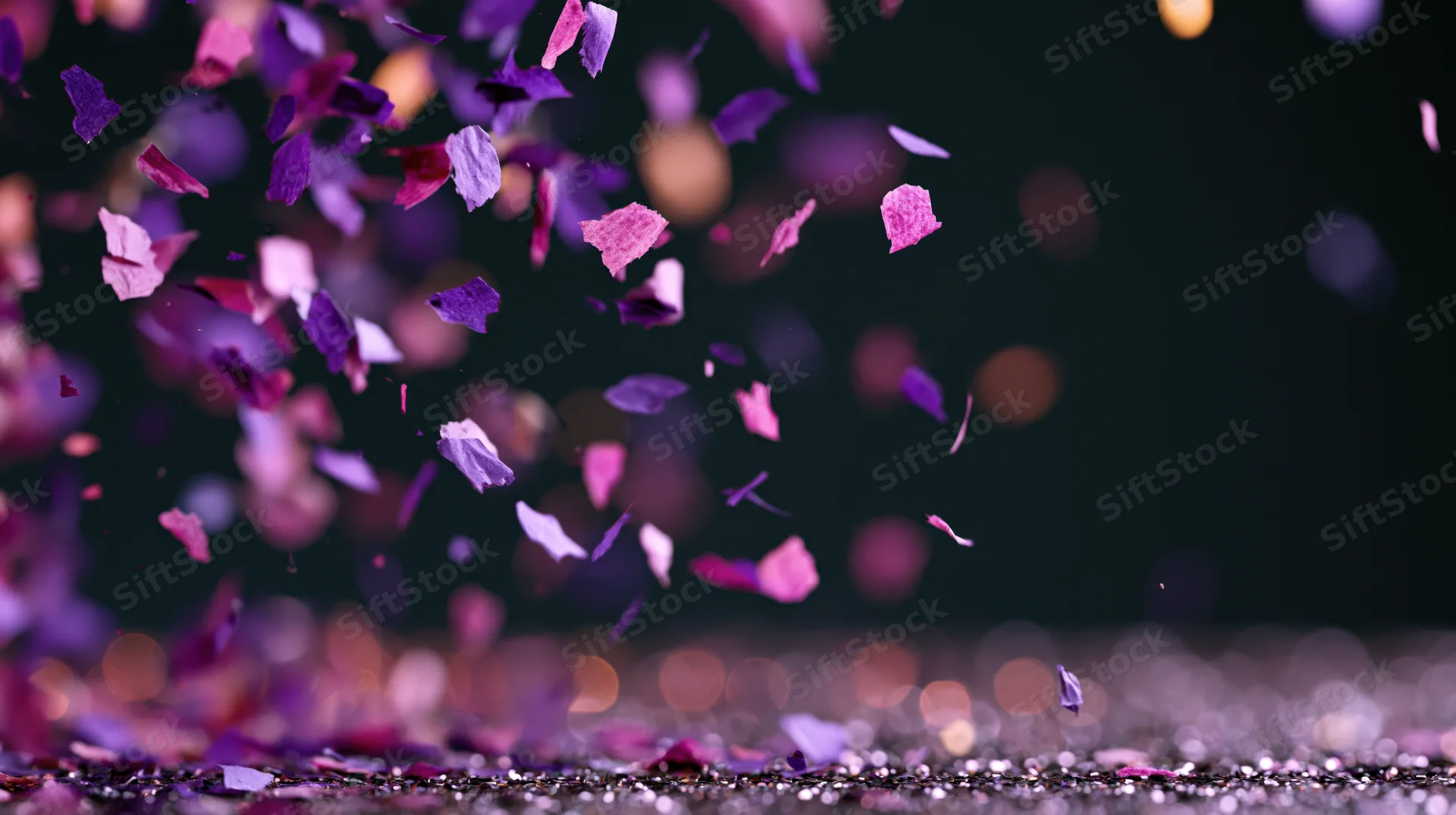 Purple and pink confetti pieces falling and scattering mid-air over a glittering surface against a dark background with bokeh lights