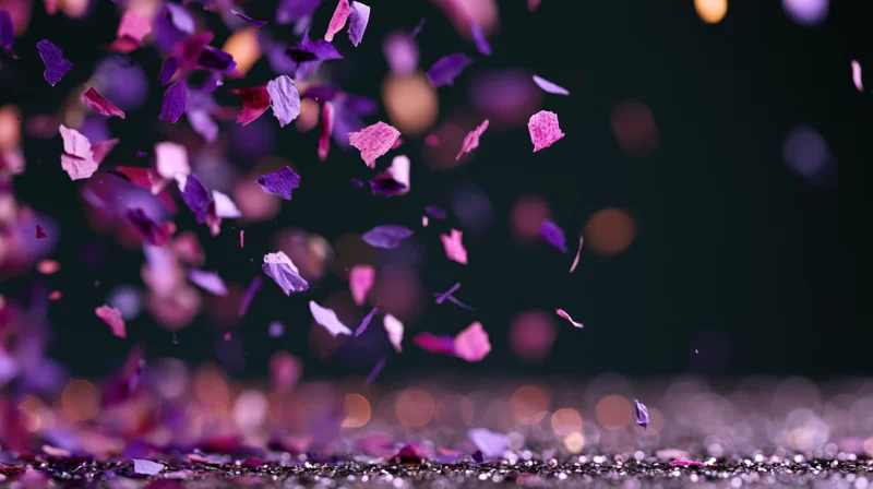 Purple and pink confetti pieces falling and scattering mid-air over a glittering surface against a dark background with bokeh lights