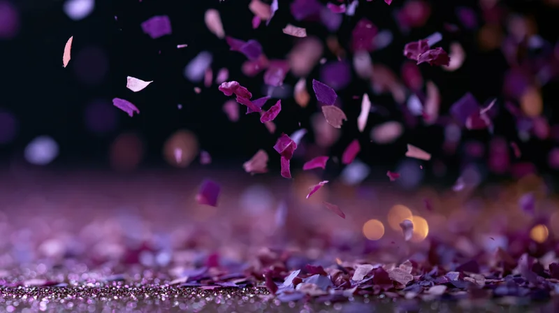 Purple and pink confetti pieces falling and scattering midair over a glittery surface in low light