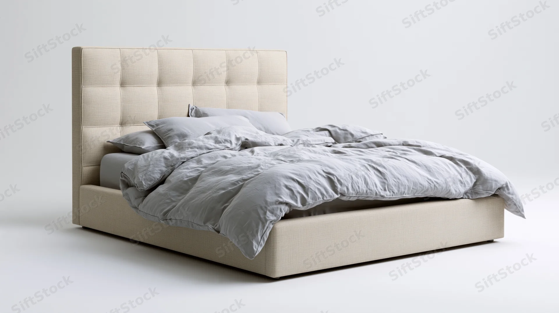 Queen-size upholstered bed with tufted linen headboard and gray bedding on white background