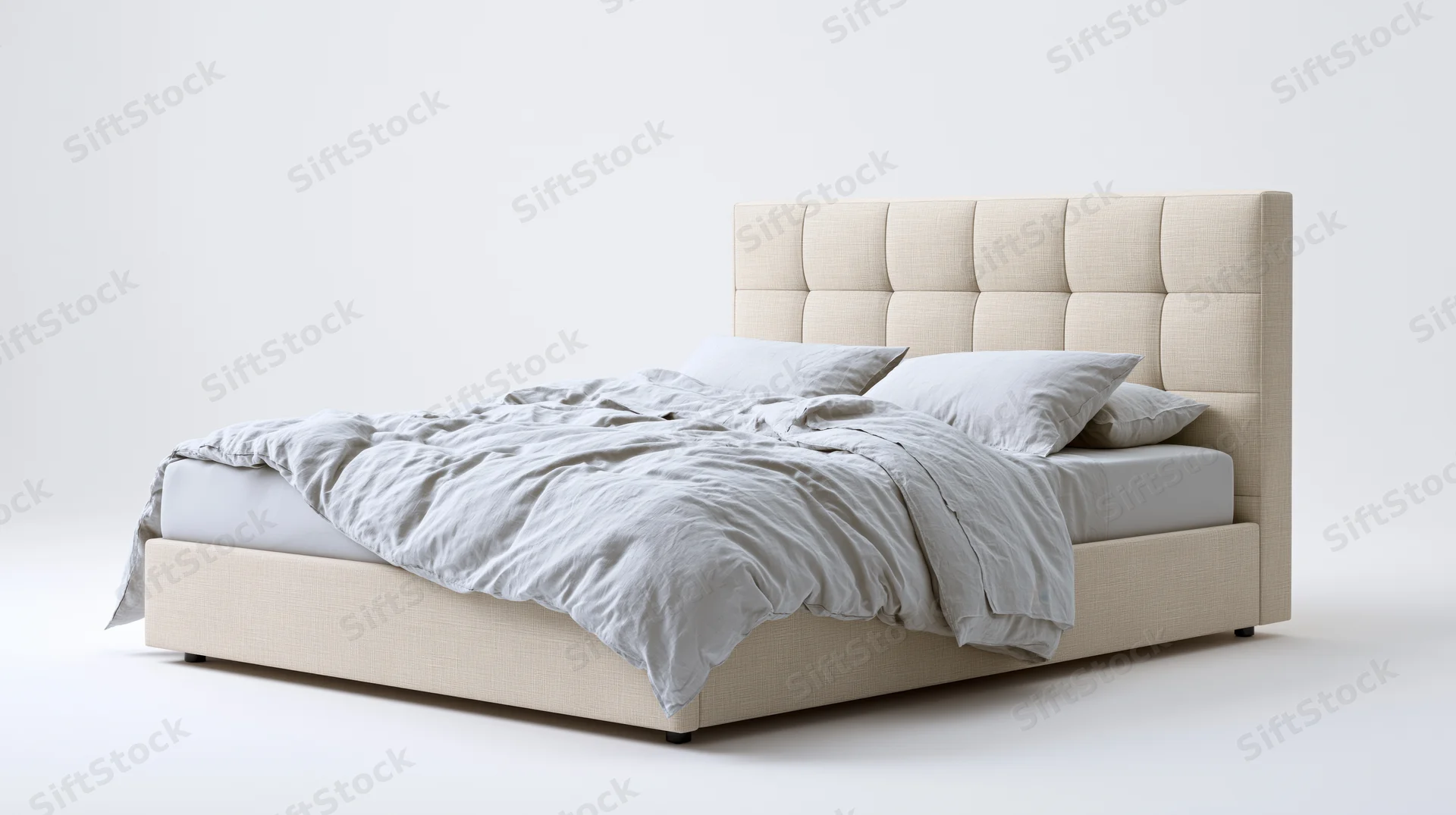 Queen-size upholstered bed with tufted linen headboard and rumpled bedding on white background