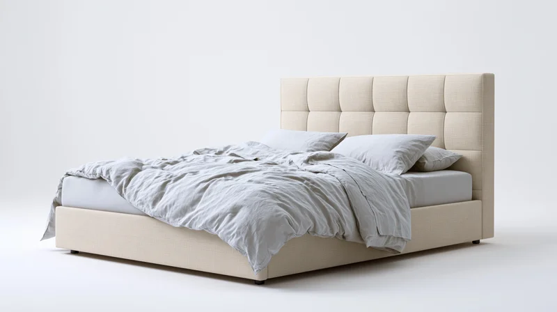 Queen-size upholstered bed with tufted linen headboard and rumpled bedding on white background
