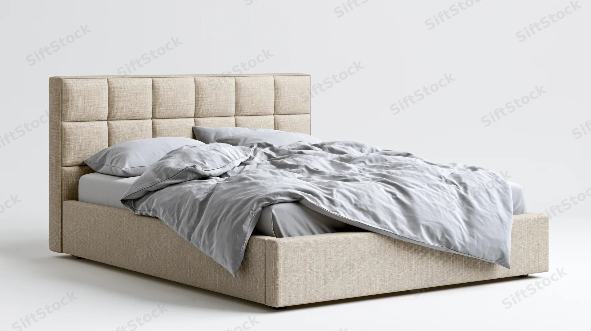 Queen-size upholstered bed with tufted linen headboard and gray bedding on white background