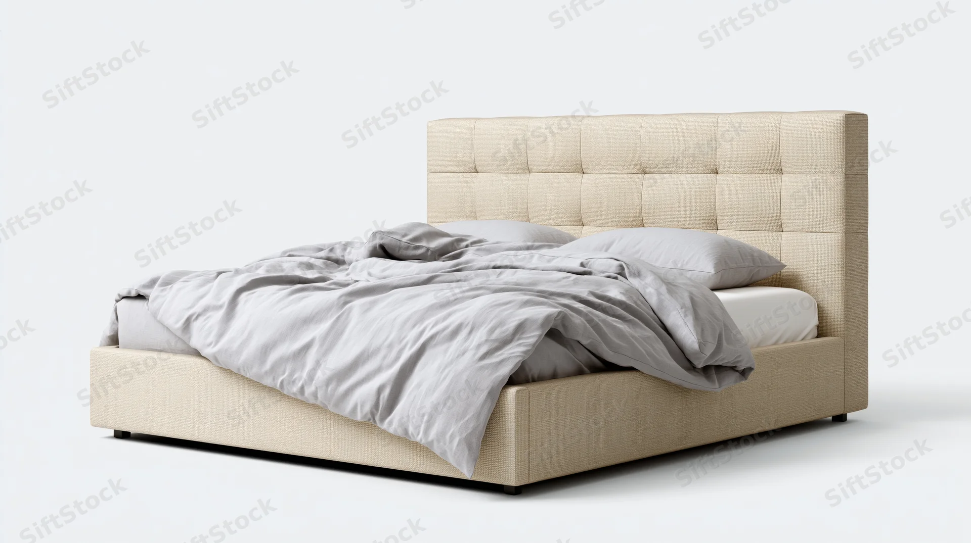 Queen-size upholstered bed with tufted linen headboard and rumpled bedding on white background
