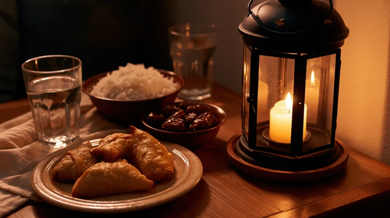 Iftar meal with samosas, rice, dates and a lit lantern on a wooden table