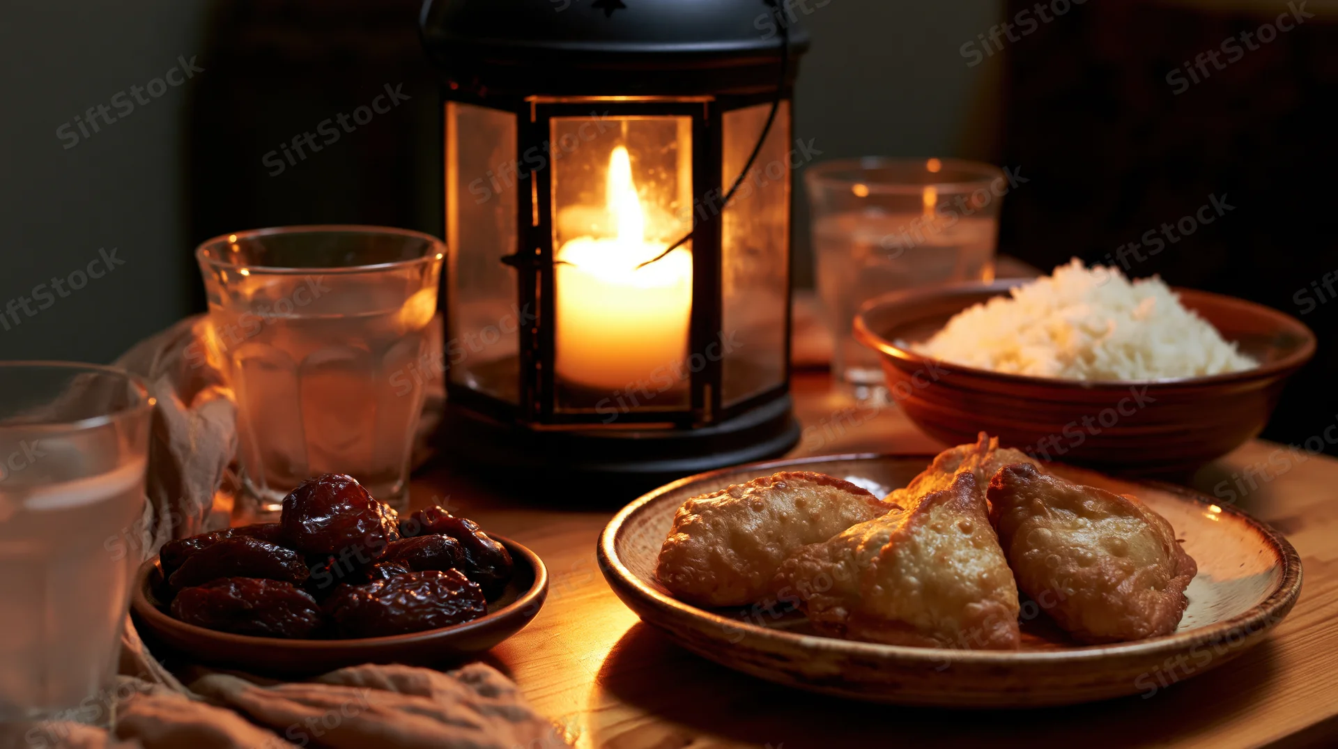 Iftar meal with samosas, rice, dates and water on a wooden table lit by a candle lantern