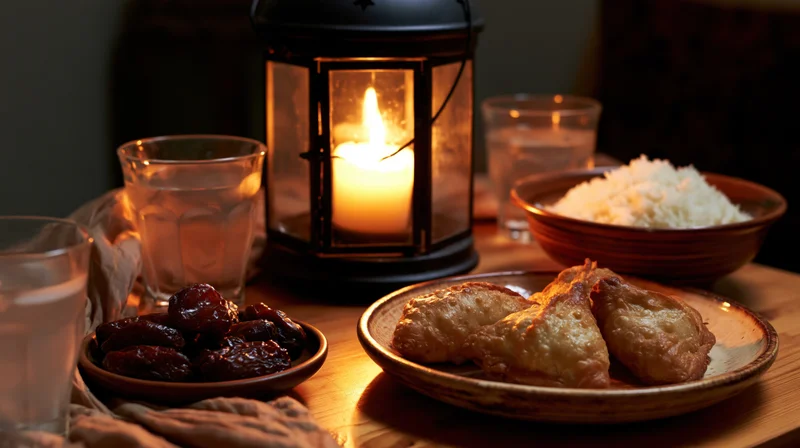 Iftar meal with samosas, rice, dates and water on a wooden table lit by a candle lantern
