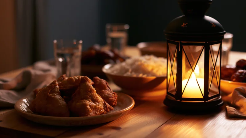 Iftar table with samosas on a ceramic plate and a lit lantern beside rice and dates