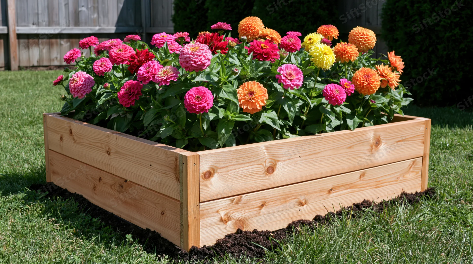 Rectangular wooden raised garden bed overflowing with blooming zinnias in a grassy backyard