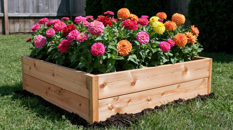 Rectangular wooden raised garden bed overflowing with blooming zinnias in a grassy backyard