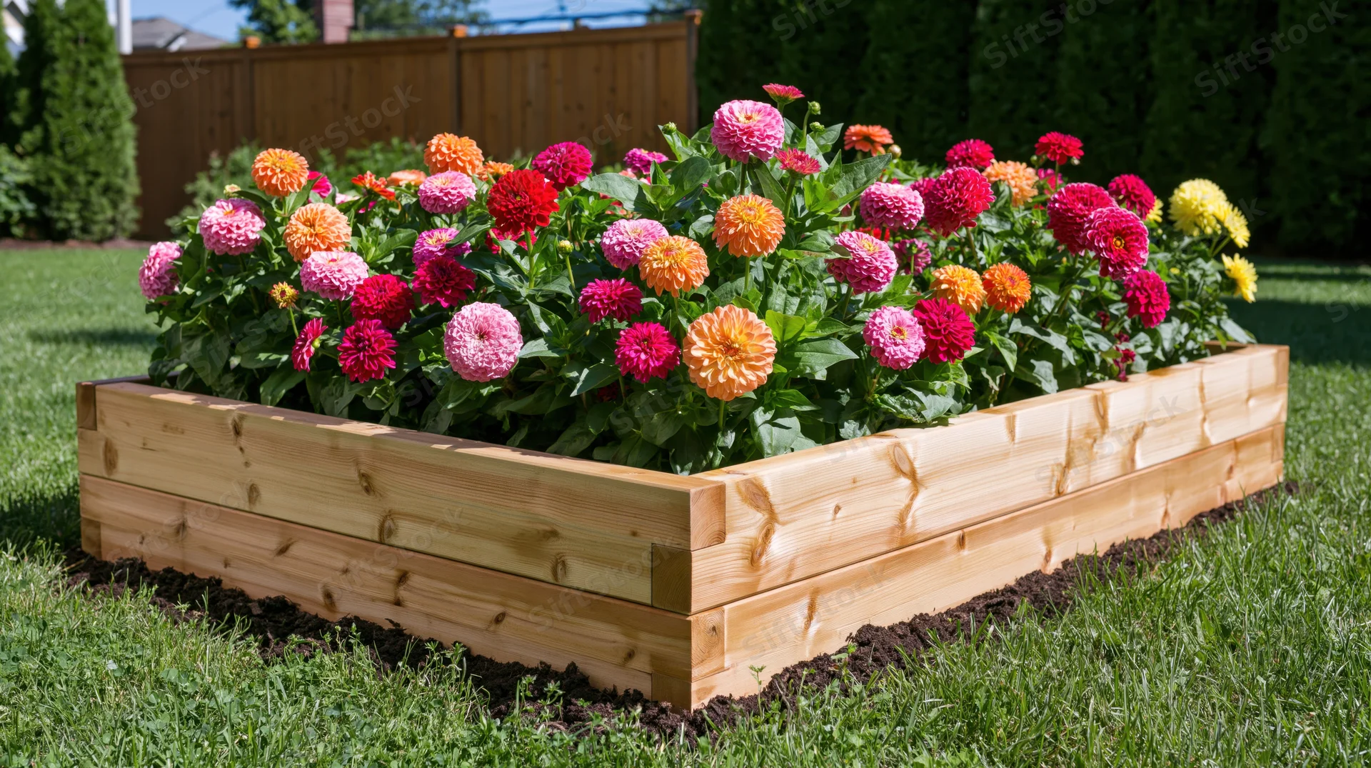 Rectangular wooden raised garden bed overflowing with blooming zinnias in a grassy backyard
