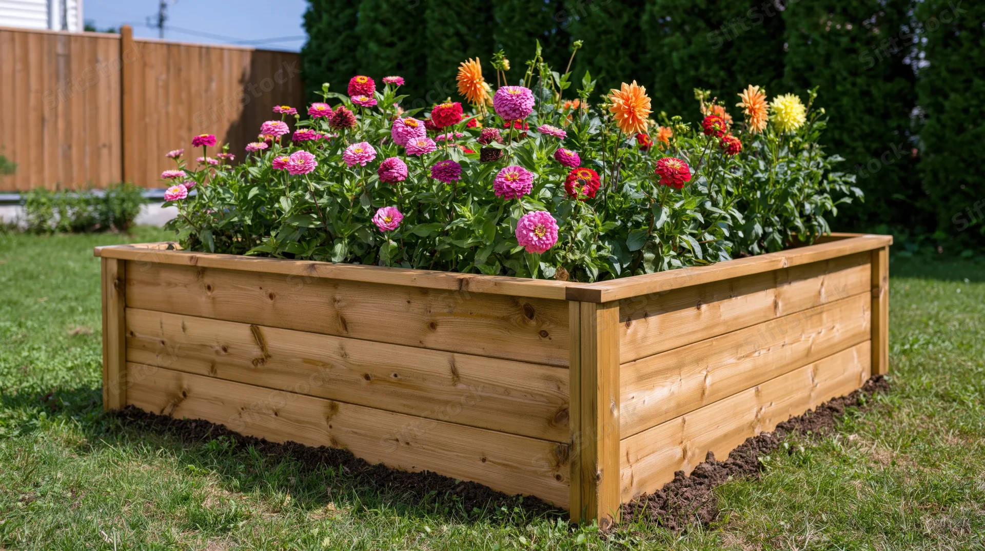 Rectangular wooden raised garden bed overflowing with blooming flowers in a grassy backyard