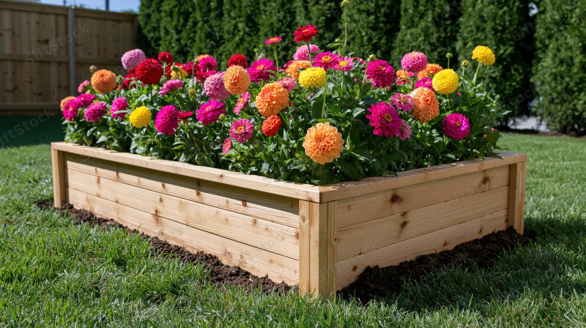 Rectangular wooden raised garden bed overflowing with blooming zinnias in a grassy backyard