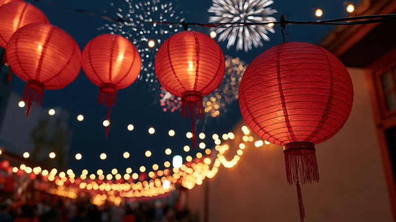 Red chinese paper lanterns glowing in the night sky above a festive outdoor celebration with fireworks and string lights