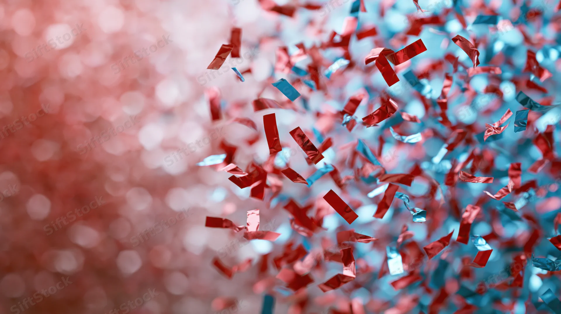 Red and blue metallic confetti falling in dense burst against blurred bokeh background with copyspace on left