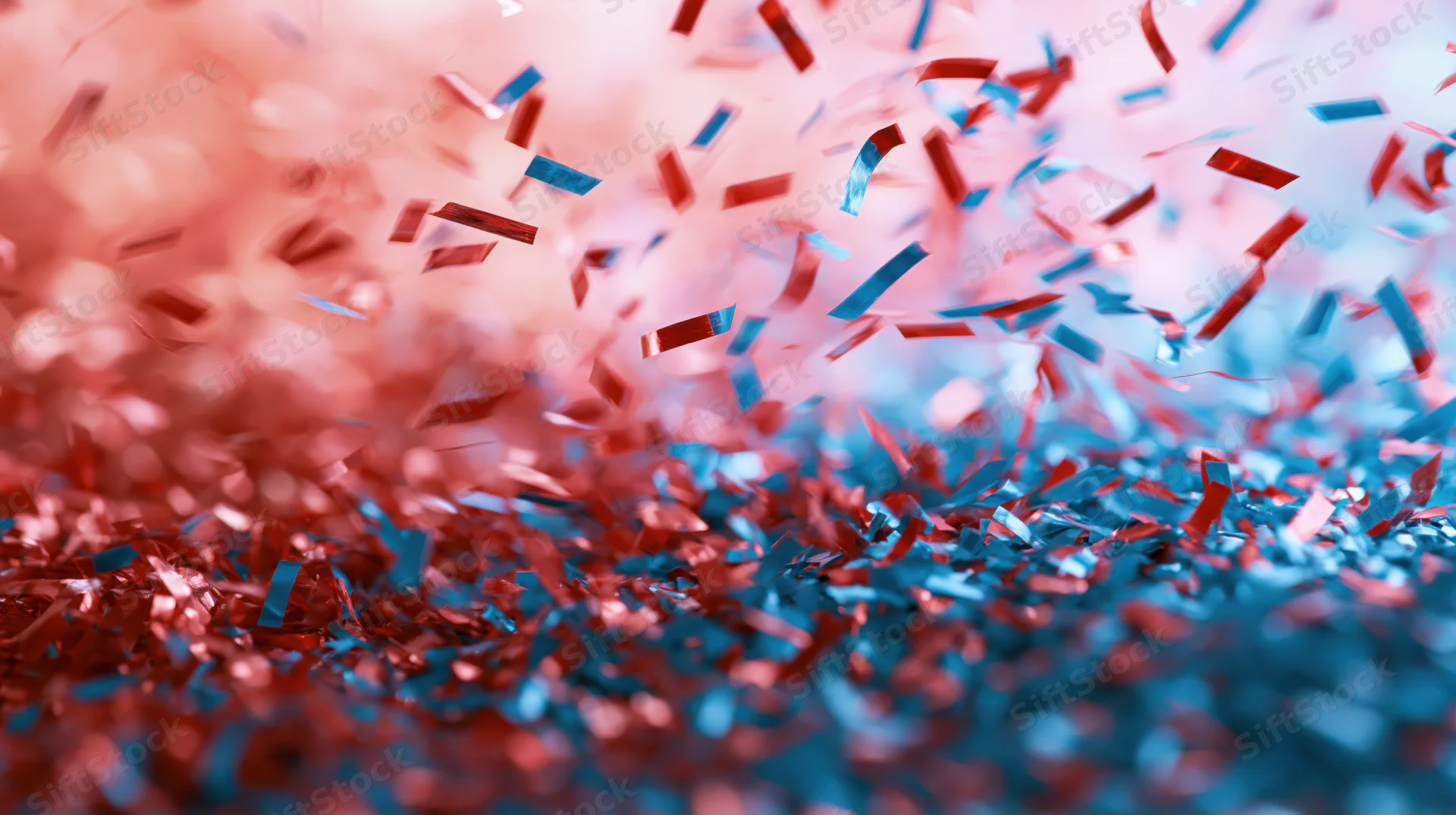 Red and blue metallic confetti falling in dense burst with blurred background and copyspace