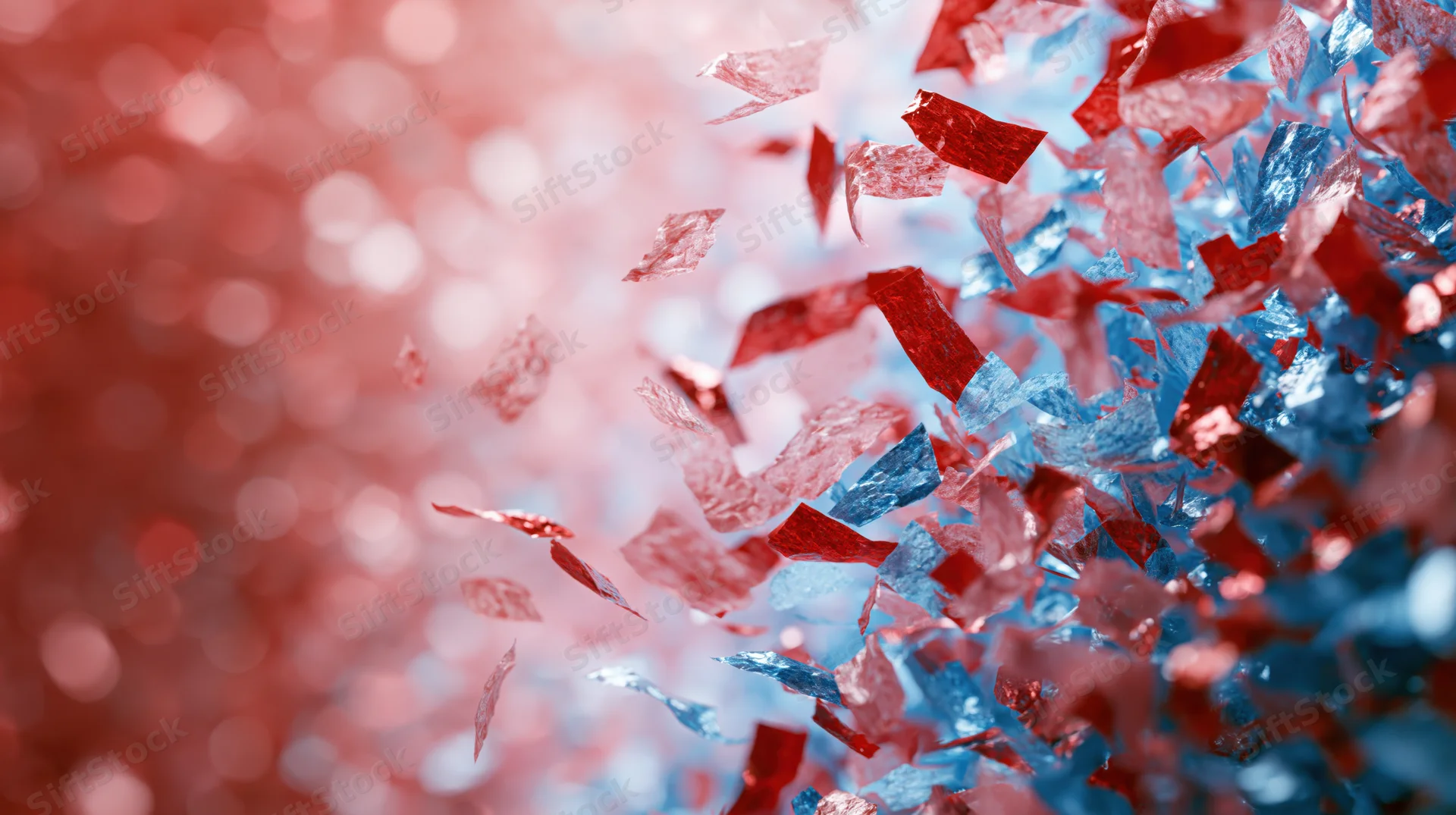 Red and blue metallic confetti pieces mid-fall dense burst finale