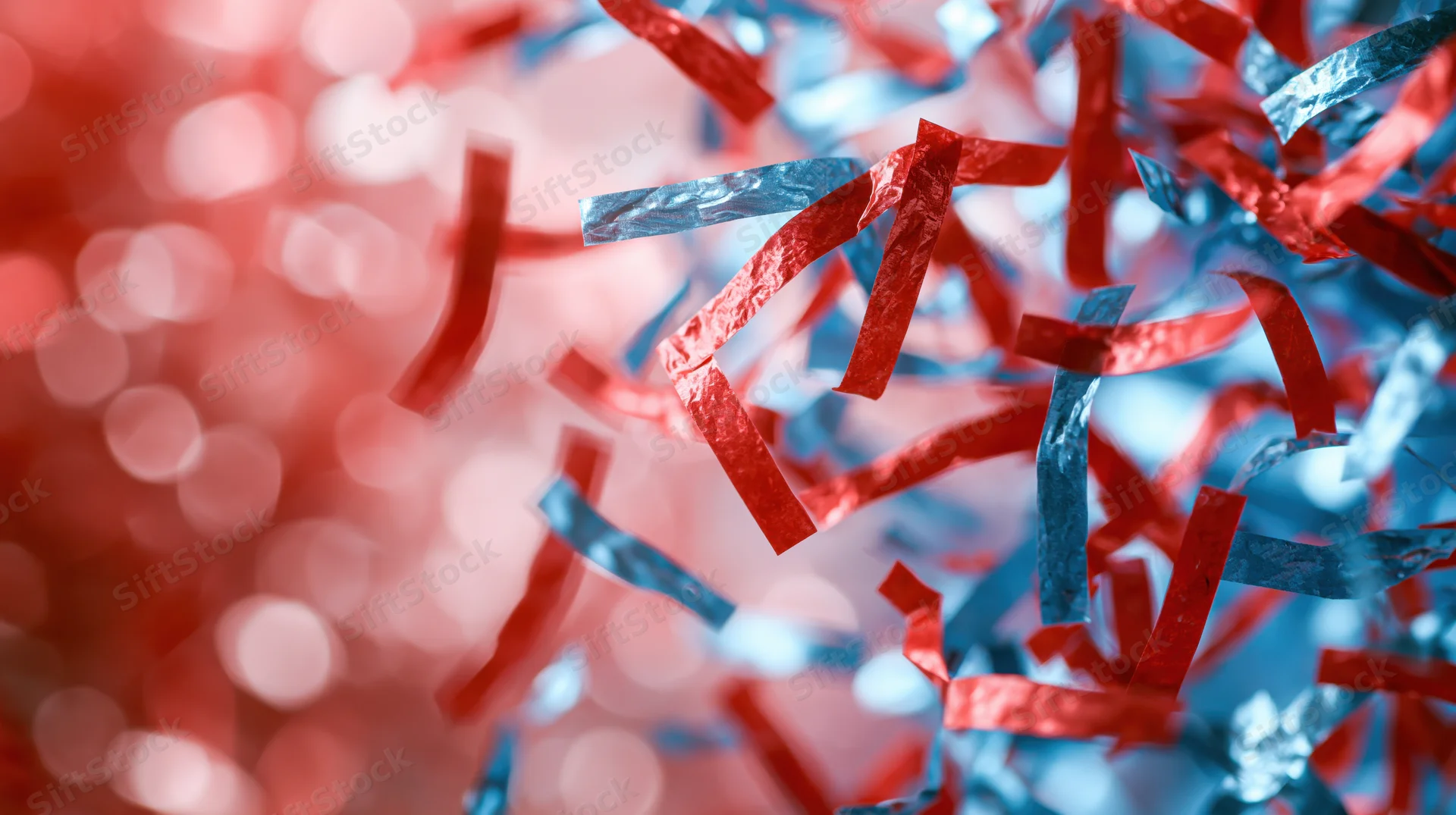 Red and blue metallic confetti falling in dense burst with blurred bokeh background