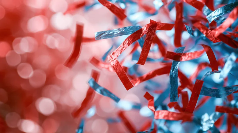 Red and blue metallic confetti falling in dense burst with blurred bokeh background