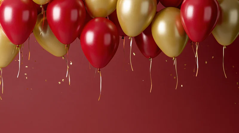 Red and gold latex balloons floating against a deep red background with confetti and copyspace below
