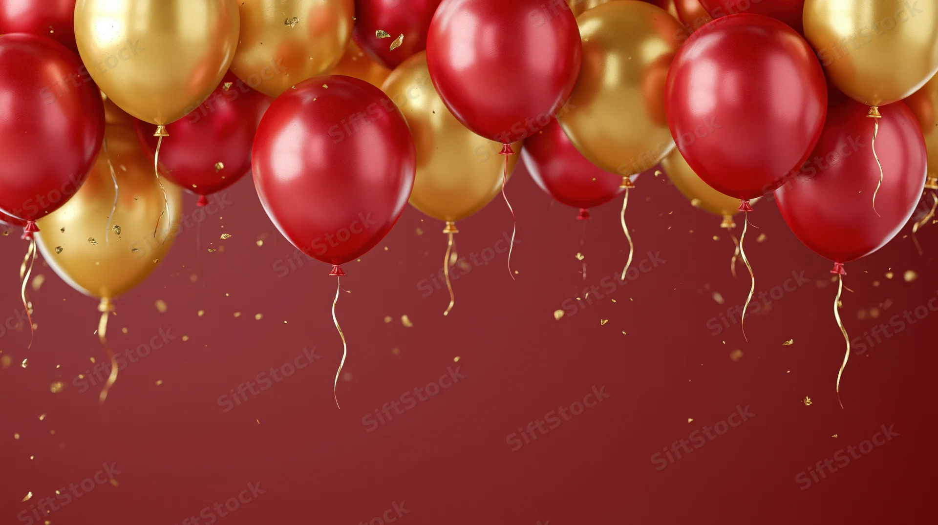 Red and gold balloons floating against a deep red background with confetti and ribbon tails