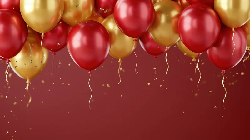 Red and gold balloons floating against a deep red background with confetti and ribbon tails