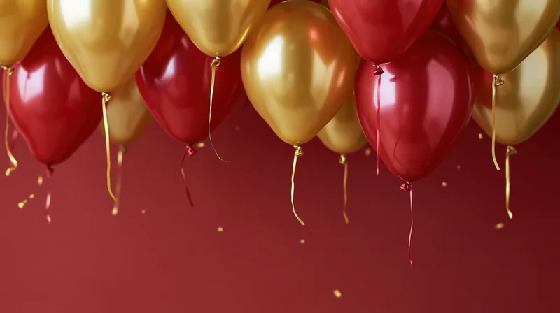 Red and gold latex balloons floating in a cluster against a deep red background with confetti and copyspace below