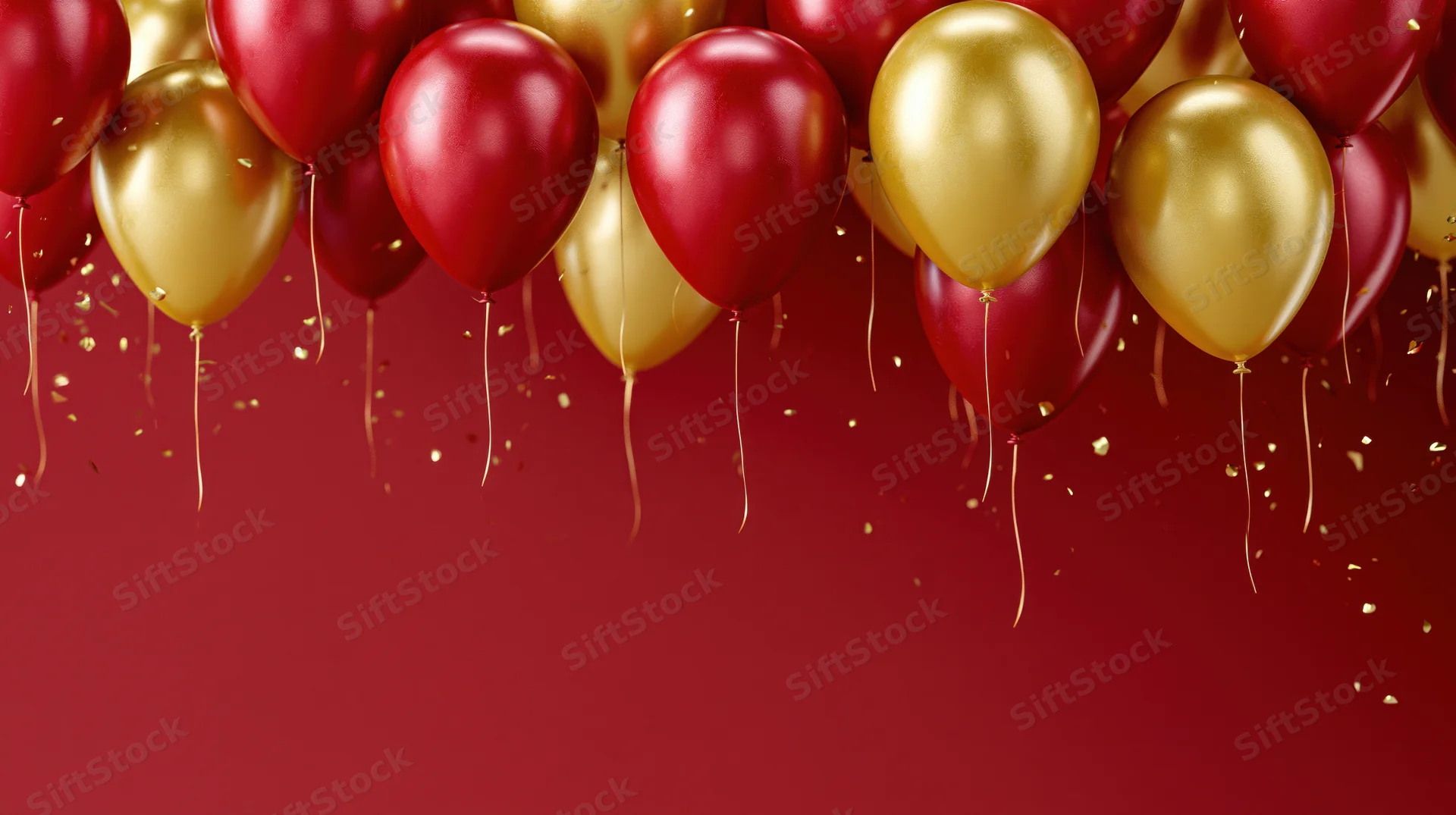 Red and gold latex balloons floating against a deep red background with confetti and copyspace below
