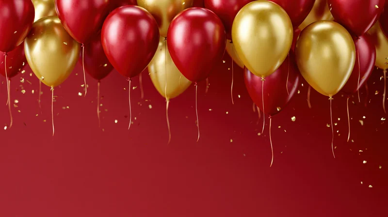 Red and gold latex balloons floating against a deep red background with confetti and copyspace below