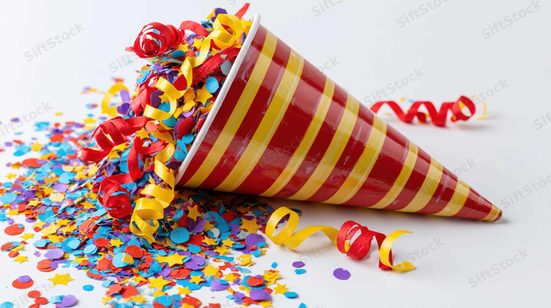 Red and yellow striped paper party popper cone lying on its side with confetti and streamers spilling out on white surface