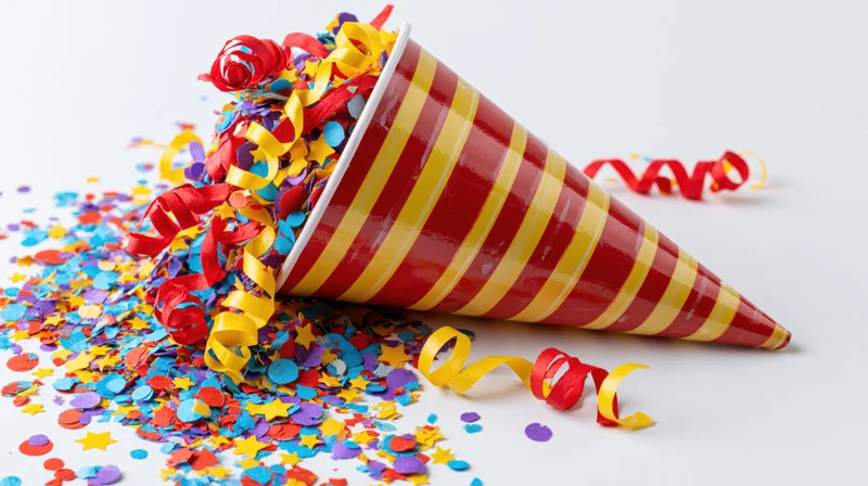 Red and yellow striped paper party popper cone lying on its side with confetti and streamers spilling out on white surface