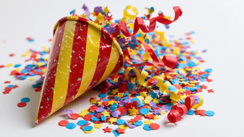 Red and yellow striped paper party popper cone lying on its side with scattered confetti and streamers on white surface